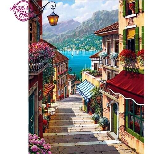 5D DIY Diamond embroidery seaside town street diamond painting Cross Stitch full drill Rhinestone mosaic decoration