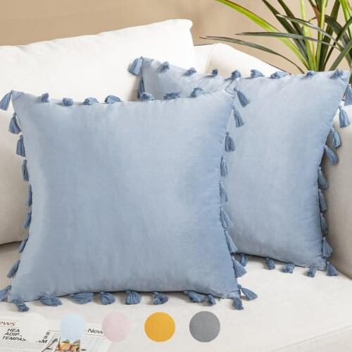 Cushion Cover Blue Velvet Tassel Pillowcase Tufted Decorative Fashionable Throw Pillow Cushion for Sofa Bed Home Decor 45x45cm