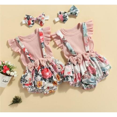 3Pcs Baby Summer Outfit Set Solid Color T-Shirt + Rose Print Suspenders Pantie + Hairband Toddler Girl Costume 0-18 Months