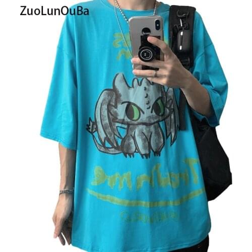 ZuoLunOuBa Summer Casual Youth Man T Shirt Print Cartoon Doodle Flying Dragon Loose Short Sleeve Tees Blue Trend Tops Boy