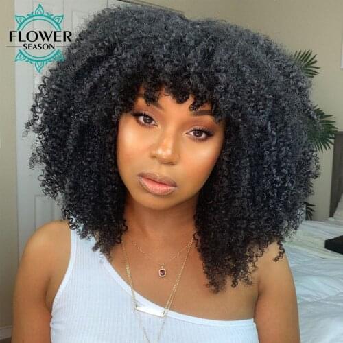 Kinky Curly Full Machine Wigs With Bangs Human Hair Wig With A Bang 22inch Remy Brazilian For Black Women FlowerSeason