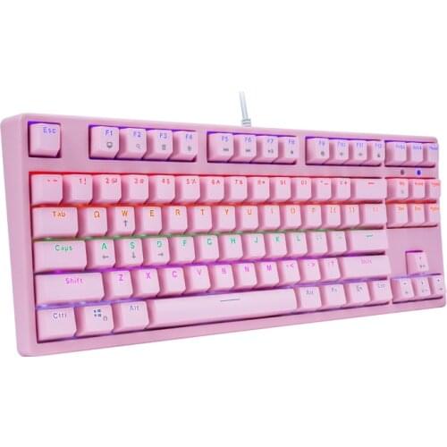 HUO JI BT-815 Mechanical Gaming Keyboard Multicolor LED Backlit USB Wired with Red Switches 87 Keys No Conflict Pink