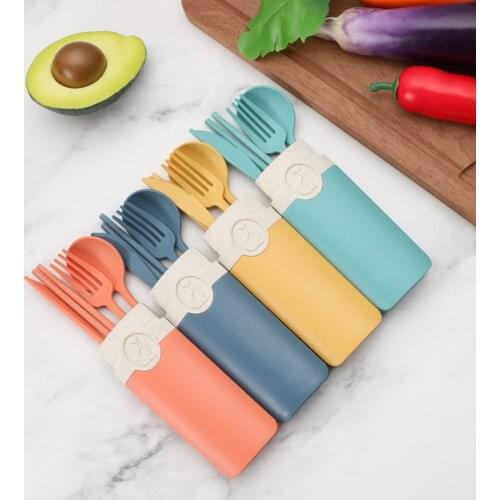 Reusable Spoon Fork Chopsticks Knife Wheat Straw Portable Student Tableware Cutlery Set Travel Picnic Camping Dinnerware Kits