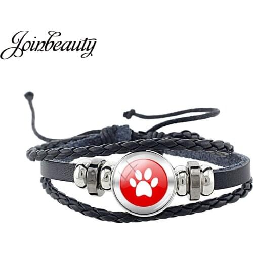 JOINBEAUTY Pet Paw Footprint Art Picture Multilayer Leather Bracelet Cute Animal Dog Cat Round Glass Cabochon Boys Bangle ZZ36