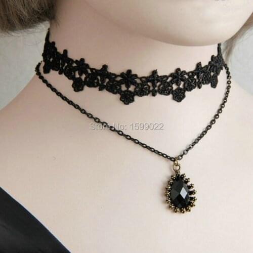 Fashion Double Layer Choker Necklace with Elliptical Shape Vintage Charm Pendant Gothic Black Lace Collar Girl Neck Accessories