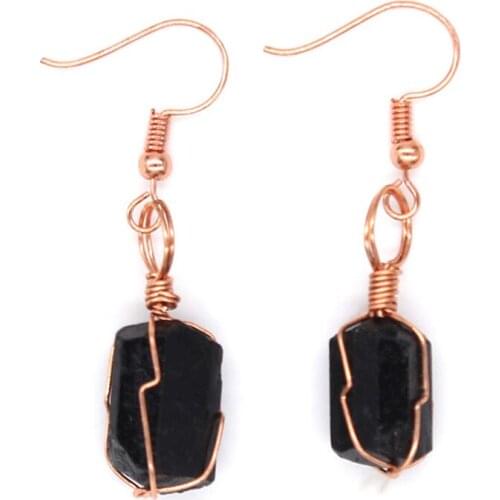 Trendy-beads Rose Gold Color Wire Wrap Irregular Shape Black Tourmaline Stone Earrings Ethnic Jewelry