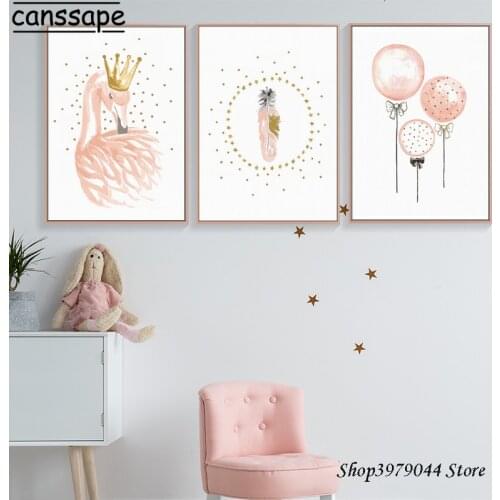 Swan Poster Nursery Canvas Painting Pink Balloon Feather Wall Art Print Cartoon Nordic Wall Pictures Baby Girl Bedroom Decor