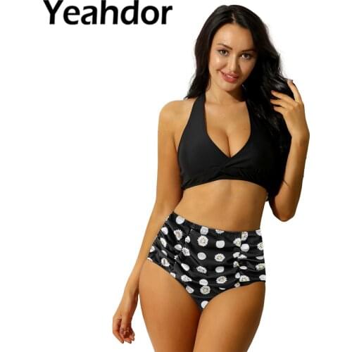 New Womens Sexy Two Piece Swimsuits Bathing Suit Halter V Neck Top High Waist Ruched Bikini Briefs Beachwear Ladies Swimwear