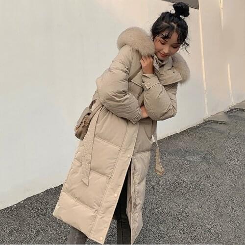 Long Fox Fur Hooded Winter Down Coat Women 90% White Duck Down Jacket Thick Warm Belted Parkas Female Outerwear 2021