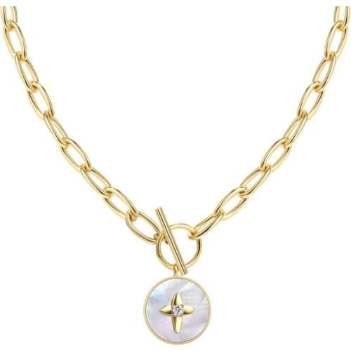 RWJ019 popular natural shell pendant round shell with star cubic zirconia pave gold trim necklace big link chain 16.5 inches