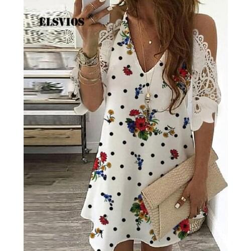 Off Shoulder Embroidered Lace Patchwork Mini Dress Women V Neck Floral Print Summer Dress Elegant Short Sleeve A-Line Sexy Dress