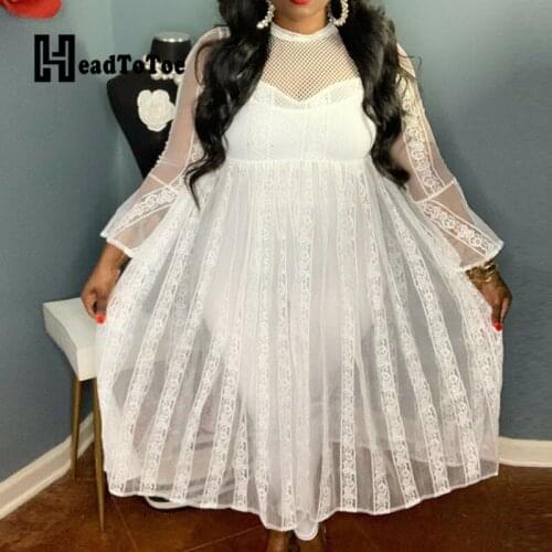 Sexy See Through Mid-calf Lace Dress Women Long Sleeve Party Dress