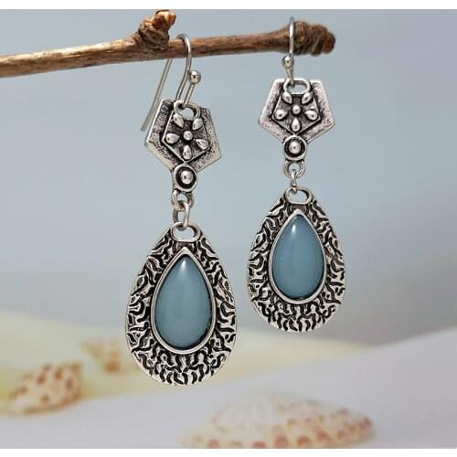 Bohemia Water Drop Blue Opal Moonstone Earrings 2021 New Creative Geometric Metal Carved Flower Dangle Earrings Jewelry