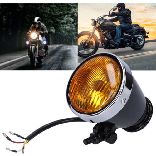 LED lamps for cars 12V 4in Retro Motorcycle Headlight Round Black Housing Yellow Lens Universal for All Vintage Motorbikes