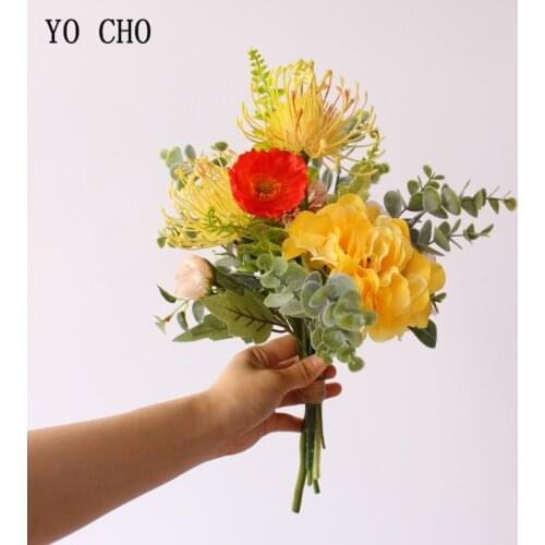 YO CHO Wedding Flower Bouquet Artificial Silk Rose Peony Orchid Pompom Yellow Hydrangea Flower Bride Party Prom Wedding Supplies