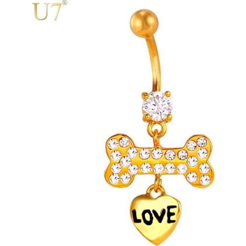 U7 Sale Body Jewelry 2016 Lovely Zircon Dog Bones Piercings Jewelry Women Plated Heart Charms Navel Ring Body Db011