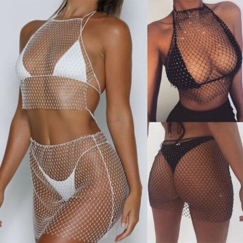 Women Fashion Sexy Cover Ups Swimsuit Mesh Sequins Crystal Slim Mini Short Skirt Bodycon Bikini Lady Beach Cover Ups Dress
