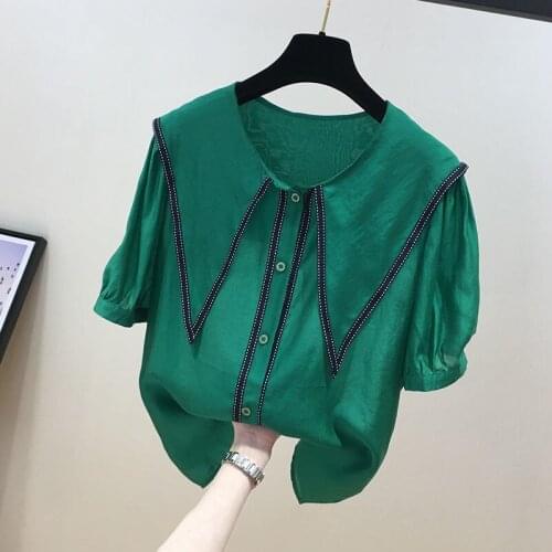 Fashion age reduction stitching doll collar chiffon shirt women 2021 summer new style Korean style temperament blouse women tide