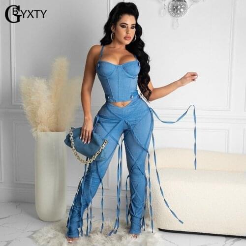GBYXTY 2021 Womens Fashion Trousers Streetwear Bandage Skinny Jeans Summer High Waist Bodycon Thin Denin Pants pantalones ZL1176