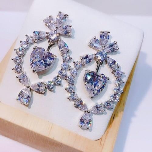 Fashion Exaggeration Drop Earrings Luxury Heart Flower AAA Cubic Zircon Elegant Jewelry For Women Wedding Party Valentines Gift