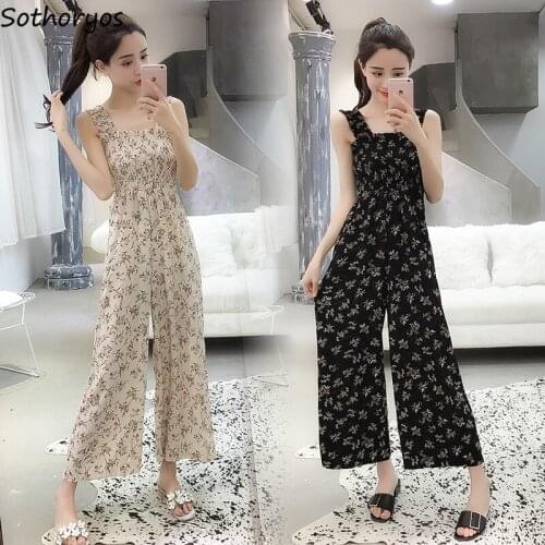 Jumpsuits Women Summer Chiffon Ankle-length Sexy Elastic-bust Elegant Korean Style Printed Slim Ladies Wide-leg Leisure Strap
