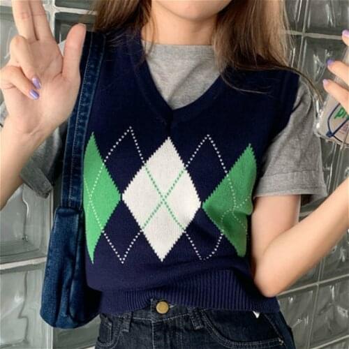 Women Sweaters Vest V-neck Argyle Preppy Korean New Slim Popular Knitting Warm Street Casual Female Short Sweaters