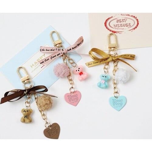 2021 DIY Cute Fur Pompom Kawaii Teddy Bear Key Chains Bag Pendent Charm For Kids Girl Gift Airpods Accessories D722