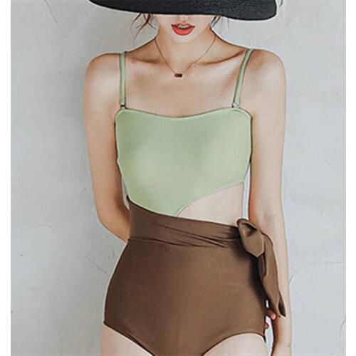 2021 Korean Contrast Stitching Strap Adjustable Tube Top Sexy High Waist Side Hollow Bow Knot Halter Bikini Hot Spring Swimsuit