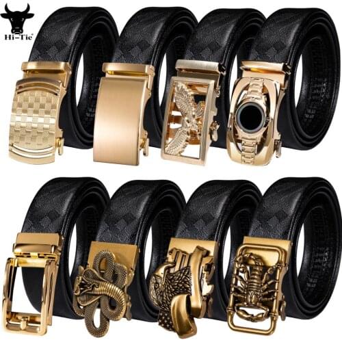 Top Black Genuine Cowskin Leather Mens Belts Gold Automatic Buckles Ratchet Waistband for Dress Jeans Wedding Business Party Big