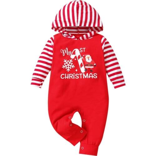 Spring Autumn Baby Clothing Boys Girls Christmas Romper Santa Claus Letters Stripe Hooded Jumpsuit 3-18Months