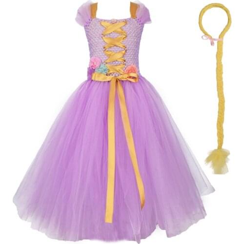 Girls Rapunzel Princess Long Tutu Dress Fancy Carnival Birthday Party Dresses Kids Halloween Cosplay Rapunzel Costume Headband