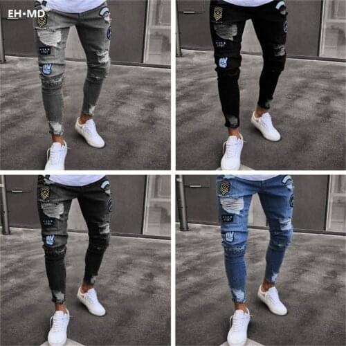 EH·MD® Embroidered Micro-Chapter Jeans Mens Cotton Tight-Fitting Breathable Holes Scratched Slim Fit Ankle-length Pants Wearing