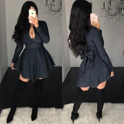 European and American women single breasted fall new style lapel jean shirt hot style fashion swing dress