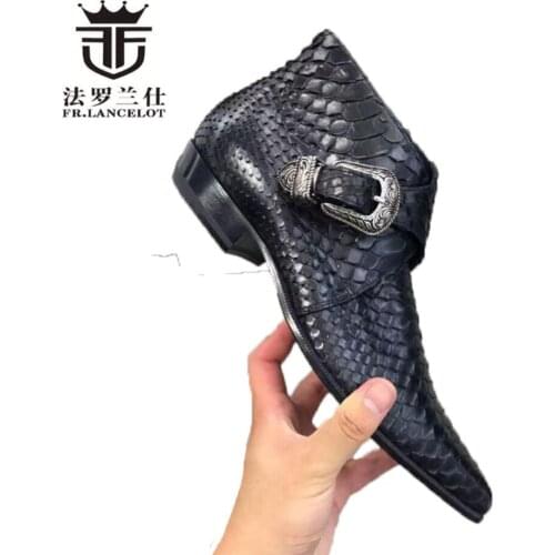 FR.LANCELOT new mens low top Chelsea boots fashion trend snakeskin print leather booties ancient buckle party formal boots