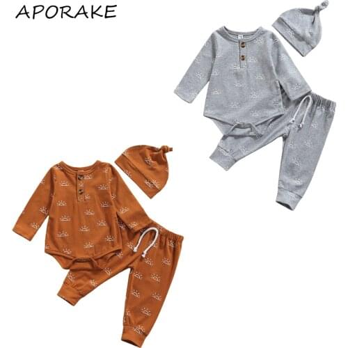 2021 0-18M Sun Print Baby Girl Boy Clothes Set Spring Autumn Infant Button Long Sleeve Romper+Pants+Hat Casual Cotton 3pcs