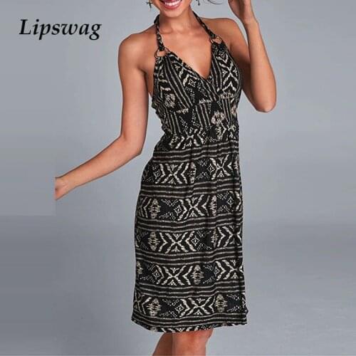 Summer Sexy Deep V Neck Halter Women Party Dress Backless Lace-Up Bow Mini Dress Pattern Prints A-Line Lady Beach Dress Vestidos