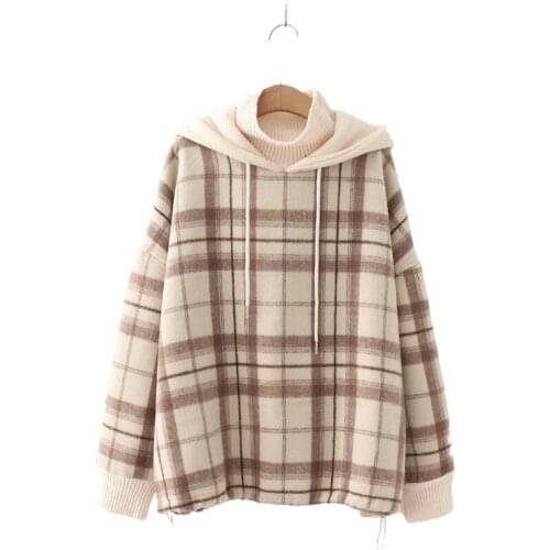 Hot Sale Women Plaid Fake Two Piece High Neck Sweatshirt 2020 Winter Sweet Style Girl Loose Thick Korean Loose Woolen Hoodies