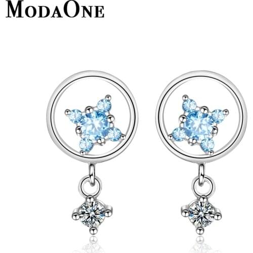 ModaOne Blue Zircon 925 Sterling Silver Stud Earrings For Women Trendy Korean Round Silver Jewerly Aretes De Mujer Oorbellen