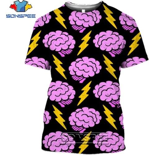 SONSPEE 3D Print Brain Cerebrum Cartoon Lightning T Shirt Casual Hip Hop Fitness Cool Short Sleeve Women Mens Tee Top Clothing