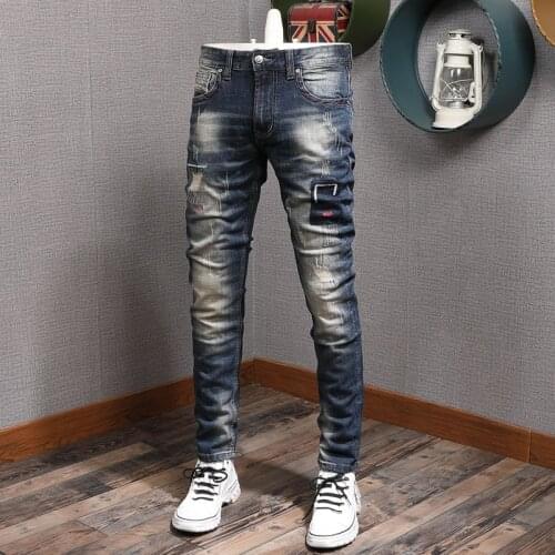 European American Street Fashion Men Jeans Retro Dark Blue Embroidery Designer Ripped Jeans Men Patches Hip Hop Denim Punk Pants