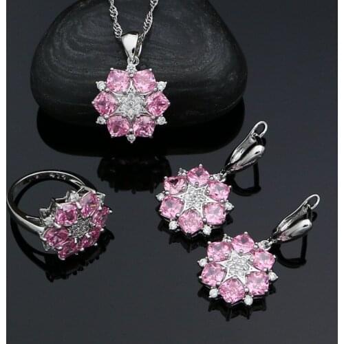 925 Silver Cute Jewelry Sets For Women Pink Cubic Zirconia White Crystal Bridal Earrings Necklace Pendant Ring Wedding Set