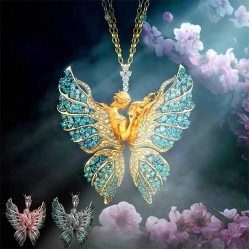 Fashion Wings Butterfly Pendant Necklace For Women Classic Vintage Angel Inlay Character Necklace Sweater Chain Female Jewelry