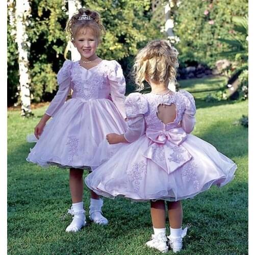 Custom Long Sleeve Baby Girl Cloth Knee Length Flower Girl Dress for Wedding Pageant Gown with Bow