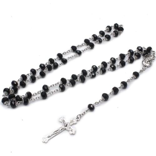 QIGO Long Crystal Rosary Necklace With Cup Religious Cross Jewelry