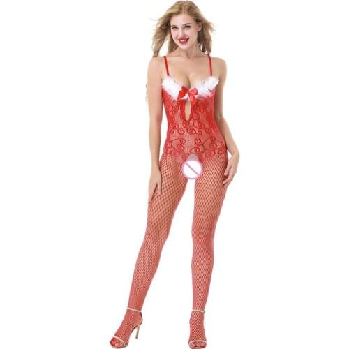 Sexy Lingerie Women Perspective Fishnet Lingerie Christmas Cosplay Dress Red Lace Sexy Pajama Sexy Costumes Exotic Apparel W8976
