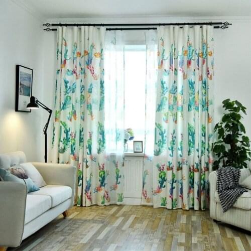 Fresh modern Nordic plant cotton and green plant pattern living room / bedroom / semi-blackout curtain tulle can be customized