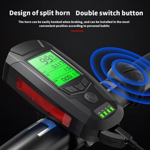 USB Front Light Horn Speed Meter Cycling Computer IPX4 Waterproof Handlebar Odometer 5 Modes Multifunctional bicycle lighting