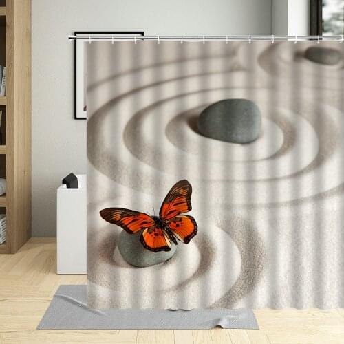 Zen Stone Butterfly Waterproof Shower Curtain Polyester Fabric Bathroom Decor Wall Decoration Multi Size Curtains With 12 Hooks