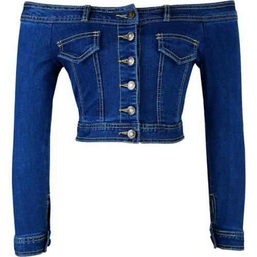 New Sexy Strapless Slimming Belly Button Short Blue Jacket Women Off Shoulder Slash Neck Denim Top Long Sleeve Denim Jacket