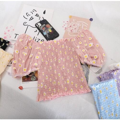 HISUMA Women Slash Neck Puff Sleeve Ruffles Basic Shirt Lady Short Elastic Slim Waist Embroidery Floral Party Chic Blouse Tops